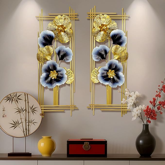 Metal 3D Wall Art Decor 2 Pcs 34" x 15" Wall Decor Handmade Golden Ginkgo Leaf Blue Flower Hanging Home Decor Wall Sculpture Modern for Living Room, Bedroom, Dining Room, Office and Hotel Large
