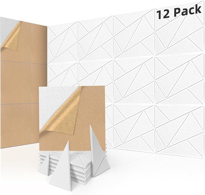 Art3dwallpanels 12 Pack Acoustic Panels 12" X 12" Soundproof Wall Panels Sound Dampening, 3D Self Adhesive Wall Decor Peel and Stick Absorbing Panels, White