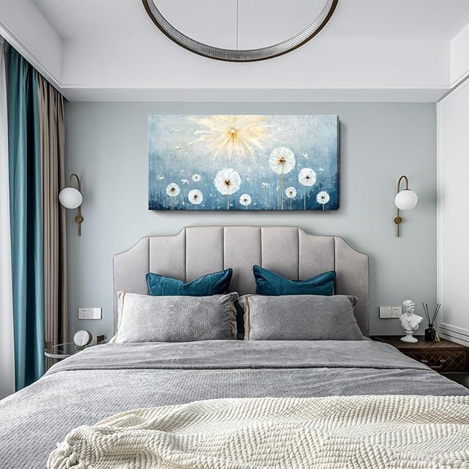 Nicetop Large Canvas Wall Art for Living Room- Floral Landscape Artwork Gallery Wrapped Nature Wildflower Dandelion Print Botanical Flower Picture Bedroom Office Decor,Blue and White, 48x24 Inch