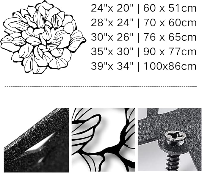 Bisamu Metal Flower Wall Art, Minimalist Floral Line Wall Decor for Living Room, Bedroom, Bathroom, Housewarming Gift for Women,Black Metal Wall Decor Art (39"x 34" | 100x86cm)