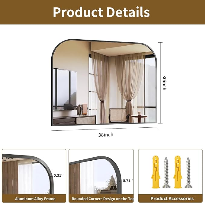 Black Wall Mounted Bathroom Mirror - 38 x 30 Inch Round Cruved Top Right Angle Bottom Wide Wall Mirror, Aluminum Metal Framed, Decor for Living Room, Bedroom, Fireplace, Mantle, Entryway