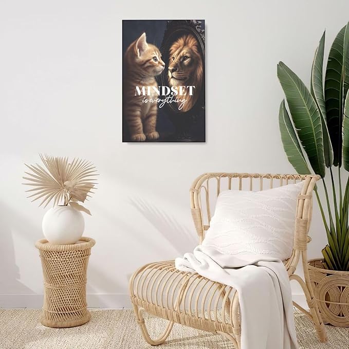 Motivational Lion And Cat Wall Art For Kids Mindset Is Everything Nursery Canvas Wall Decor Inspirational Pictures Paintings Prints Artwork Framed Decorations For Children's Room Bathroom Bedroom Living Room Office Gifts 16" x 24"