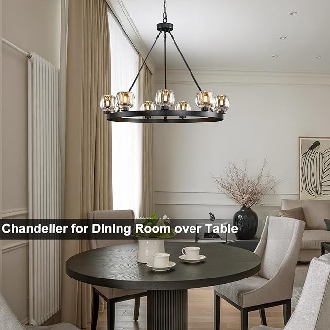 Black Wagon Wheel Chandelier, 36 Inch Black Chandeliers with Unique Glass Shade, 9-Light Crystal Farmhouse Wagon Wheel Chandeliers for Dining Room, Round Chandelier for Living Room, Foyer, Entryway