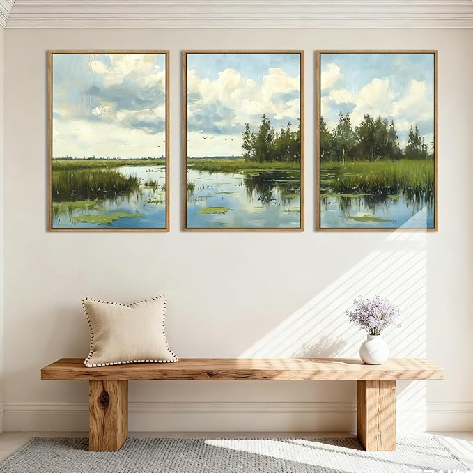 BINCUE Framed Green Nature Wall Art Lake Scenery Wall Decor Landscape Art Print for Living Room Bedroom Office 16 x24 Inches Set of 3