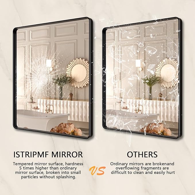 36x36 Inch Black Bathroom Mirror,Rectangle Matte Black Bathroom Vanity Mirror for Wall,Tempered Glass,Round Corner Black Metal Framed Mirror