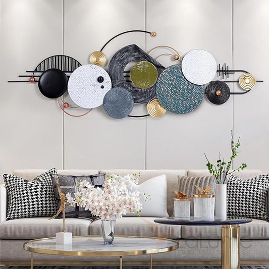Lucky Monet Large Modern Abstract Metal Wall Art, 59"x21" 3D Geometric Circle Wall Sculptures Black and White Gold Handmade Wall Hanging Wall Decor for Living Room/Dinning Room/Bedroom/Entryway