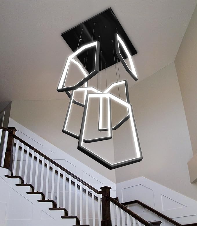 6 Rings Modern Chandelier LED Dimmable Pendant Lighting Adjust Flush Mount Ceiling Light for Foyer Lobby Living Room Staircaes Black