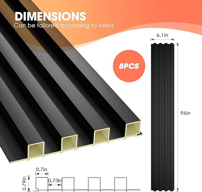OUZUGIE WPC Acoustic Slat Wall Paneling, 8-Pack 96 x 6 Inches 3D Wall Panels for Interior Wall Decor,Living Room,TV Background,Study Room,Office Spaces,Bedroom,High Grille (Black)