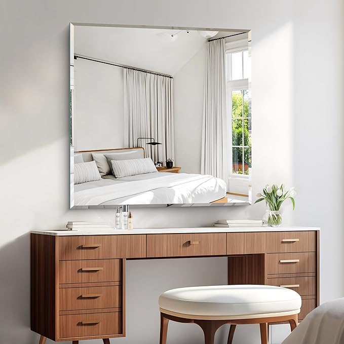 KOCUUY Beveled Mirror, 36x36 Inch Large Frameless Square Bathroom Mirror for Over Sink, Upgraded Shatterproof Beveled Unframed Design Mirror for Bathroom, Bedroom, Hang Horizontal/Vertical