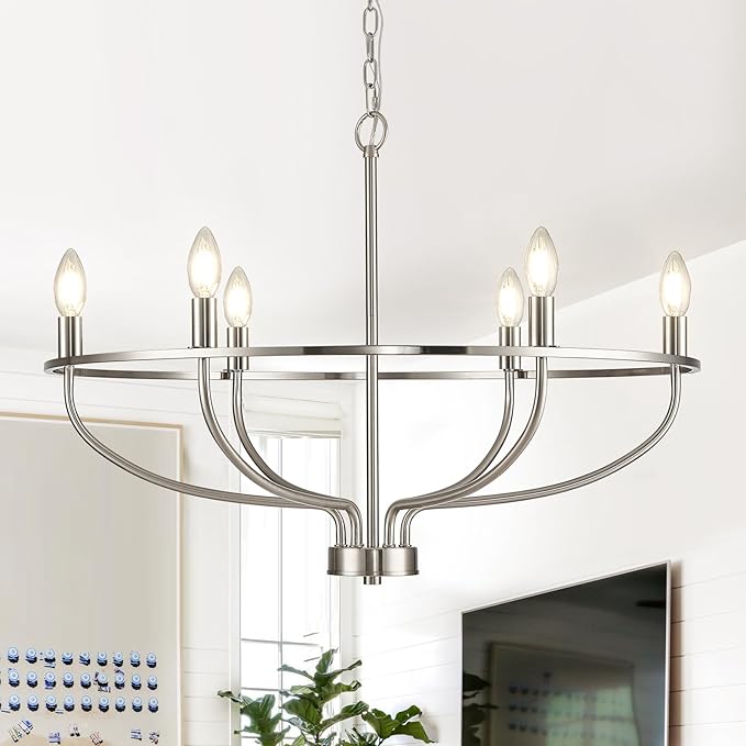 Brushed Nickel Chandelier, 6-Light Dining Room Chandelier Chrome Light Fixture Metal Candle Kitchen Chandeliers 28inch Round Chandeliers with Long Chain for Bedroom Living Room