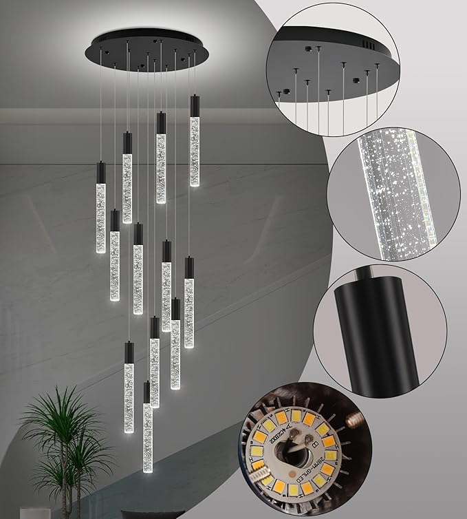 12-Lights High Ceiling Crystal Chandelier, Modern Large LED Raindrop Pendant Light Fixture 98.5" H Flush Mount Chandelier Black for Foyer Staircase Villa Living Room