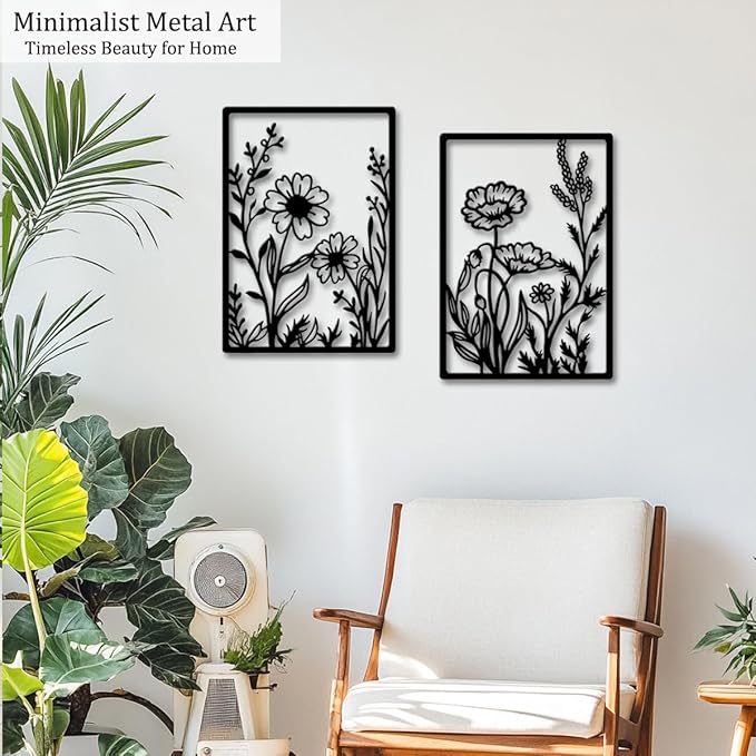 Metal Flowers Wall Décor Minimalist Metal Wall Art for Living Room Bedroom Bathroom, Black Abstract Flowers Line Hanging Art 3D Textured Wall Sculptures 4 Pcs