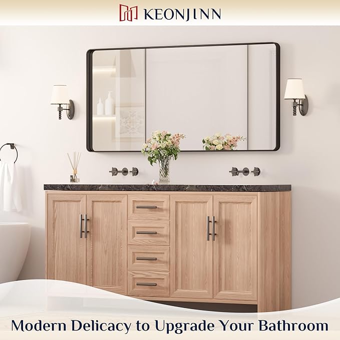 Keonjinn Black Bathroom Mirror for Over Sink, 48 x 24 Inch Large Rounded Rectangle Bathroom Vanity Mirror, Matte Black Farmhouse Wall Mirror, Tempered Glass, Seamless Aluminum Alloy Frame Full Mirror