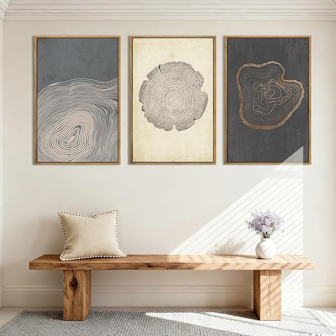 Anyzal Neutral Tree Ring Wall Art Modern Wood Stump Wall Decor 24x36 Inch Set of 3 for Living Room Bedroom Dining Room