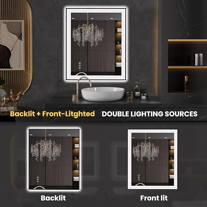 LOAAO 30"X36" LED Bathroom Mirror Black Framed, Anti-Fog, Dimmable, Lighted Bathroom Vanity Mirror for Wall, Memory Function, Tempered Glass