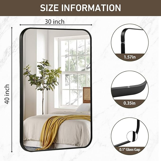 Black Bathroom Mirror, 48x30 Inch Matte Black Mirror, Aluminum Alloy Framed Vanity Mirror, Rounded Rectangle Bathroom Mirror for Over Sink, Anti-Rust Wall Mirror (Horizontally or Vertically)