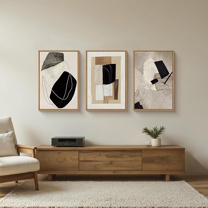 Abstract Modern Geometric Framed Canvas Wall Art Set,Neutral Tone Beige Black Brown Wall Decor,Minimalist Textured Line Shape Artwork for Living Room, Bedroom,Farmhouse-16 x24 x3