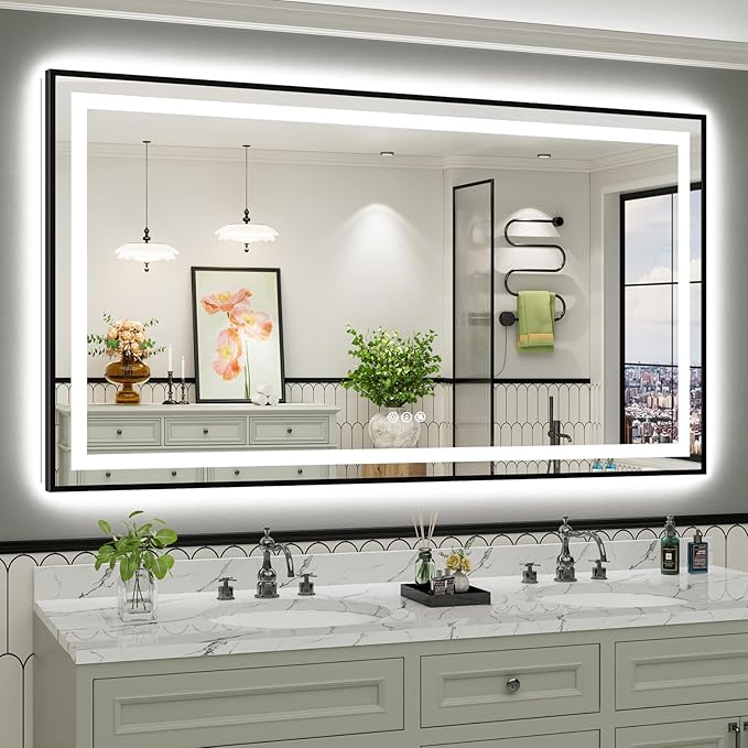 72x40 Inch LED Bathroom Mirror with Black Frame, Backlit & Front Lit, Anti-Fog Lighted Bathroom Vanity Mirror for Wall, Memory Function, Dimmable, HD Tempered Glass, Shatter-Proof
