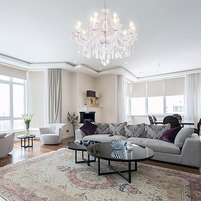 Clear K9 Crystal Chandelier 15 Light Pendant Lighting Fixture for Dining Room Living Room Bedroom Hallway Entryway Elegant Ceiling Lamp E12 Clear