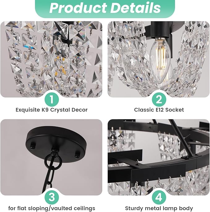 36" Black Chandelier, 6-Light Crystal Chandeliers for Dining Room, Dining Room Light Fixtures Over Table, Farmhouse Kitchen Island Lighting, Modern Pendant Lights for Living Room, Bedroom, Entryway