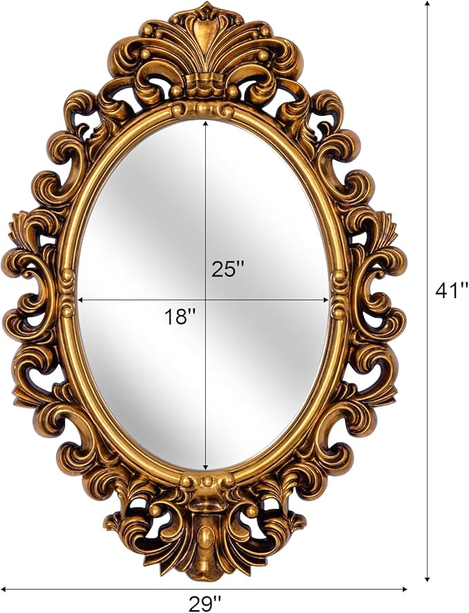 Antique Gold Oval Mirror, Decorative Mirrors with Baroque Framed, 29'' x 41'' Ornate Vinatge Gold Wall Mirror for Living Room Dining Room Bedroom Entryway Fireplace