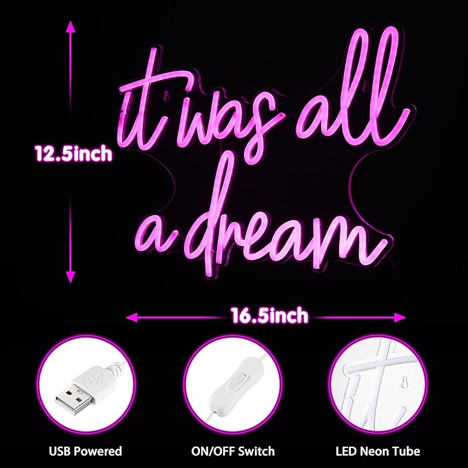 Kavaas It Was All A Dream Neon Signs 16.5" x 12.5", Pink It Was All A Dream Neon Light for Girly Room Decor Aesthetic | LED Dream Signs for Bedroom, Party, Bar, Salon, Bathroom