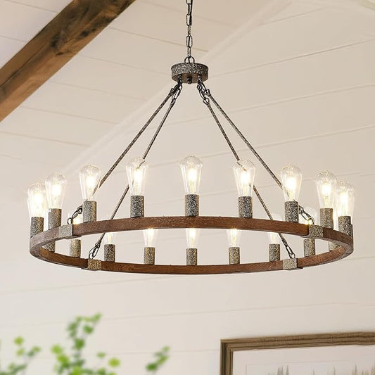 Large Wagon Wheel Chandelier, 40 Inch Farmhouse Chandeliers Rustic Wood, 20-Light Round Vintage Wooden Chandelier for Dining Room, Living Room, Entryway, Kitchen