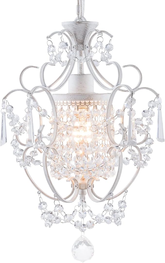 Modern Mini Chandelier,White Retro Crystal Light Fixtures Ceiling Mount 1 Light Small Crystal Chandeliers for Bedroom Elegant Hanging Lighting for Girls Room Dining Room Closet Kitchen Island