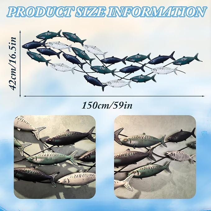 Metal Fish Wall Art - Large School of Fish Wall Decor for Living Room & Bedroom - Coastal Nautical Ocean Wall Sculpture (59" x 16")