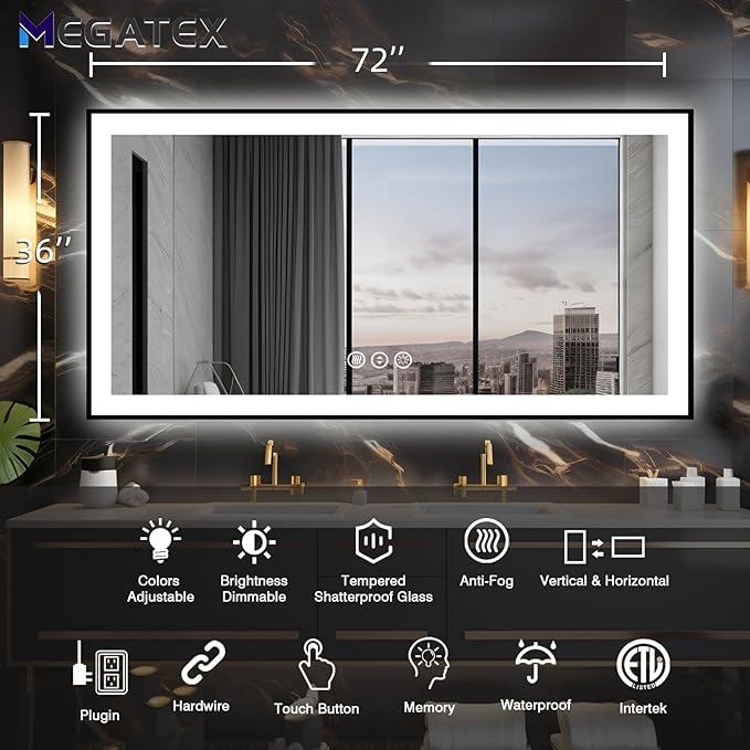 72x36 Lighted Mirrors for Bathroom Wall, Modern Rectangle Matte Black Mirror, Tempered Glass，Double Lights, 3 Colors Dimmable Temperature, IP54 Enhanced Anti-Fog, Memory (Horizontal/Vertical)