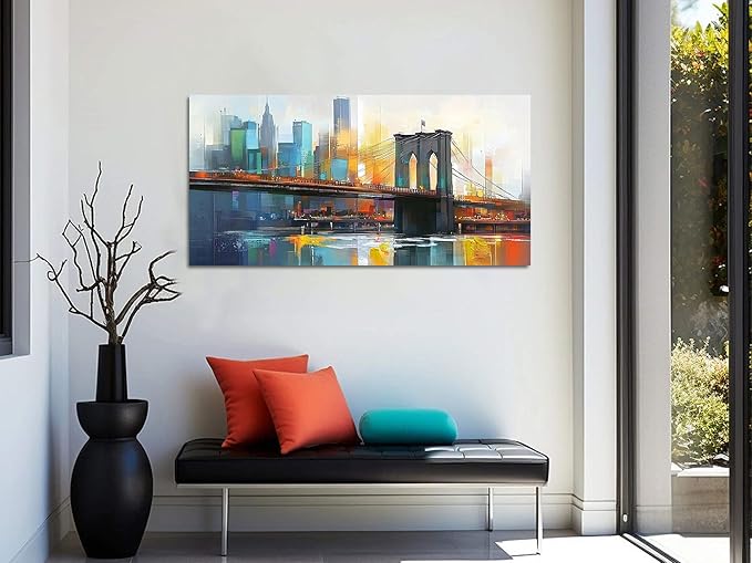 Arjun Cityscape Wall Art New York City Canvas for Living Room Painting Brooklyn Bridge Manhattan Bedroom Wall Art for Men Modern Blue Picture Grey Artwork Large Framed Home Office Wall Decor 40"x20"