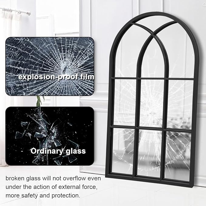Arched Window Wall Mirror, 42"x24", Decorative Mirror, Vanity Mirrors for Bathroom, Bedroom, Entryway, Living Room, Window Pane or Farmhouse Mirrors for Wall Decor, Metal Frame, Black