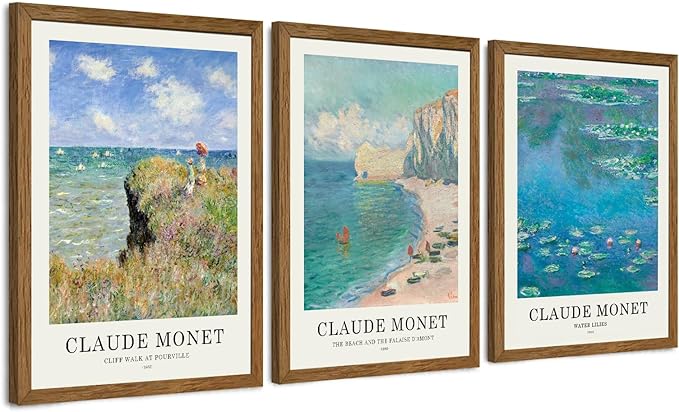 JLTULT 3 Piece Framed Vintage Claude Monet Canvas Wall Art, Impressionism Landscape Wall Decor, The Cliff Walk at Pourville Water Lilies Prints for Living Room Bedroom Office 12x16 in Easy to Hang