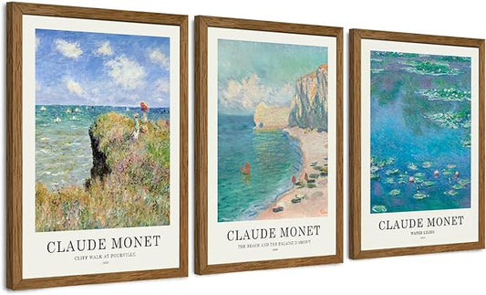 JLTULT 3 Piece Framed Vintage Claude Monet Canvas Wall Art, Impressionism Landscape Wall Decor, The Cliff Walk at Pourville Water Lilies Prints for Living Room Bedroom Office 12x16 in Easy to Hang