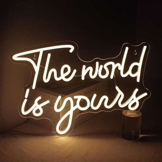Lucunstar The World Is Yours Neon Signs Valentine Neon Sign Warm White Led Neon Light for Wall Decor Light Up Sign for Wedding USB Powered Led Neon Signs for Bedroom Decor Valentines Day Decor