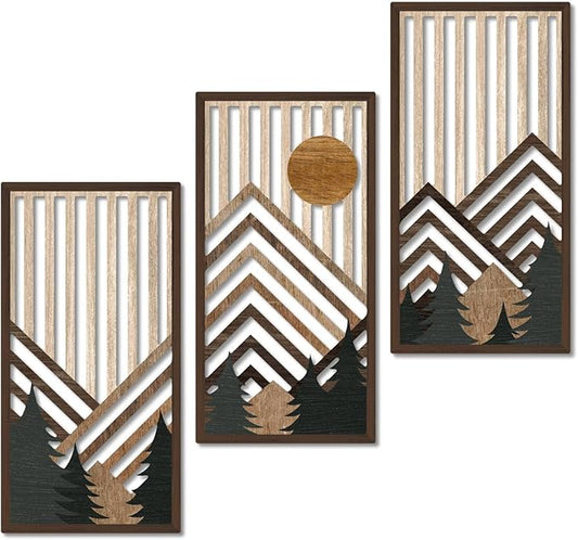 Putuo Decor Boho Mountain Wall Art Set of 3, Rustic Wooden Wall Decor, Nature-Inspired Geometric Artwork, Mid-Century Modern Aesthetic for Living Room, Bedroom, Office Brown 16.5 x 8.6 inch