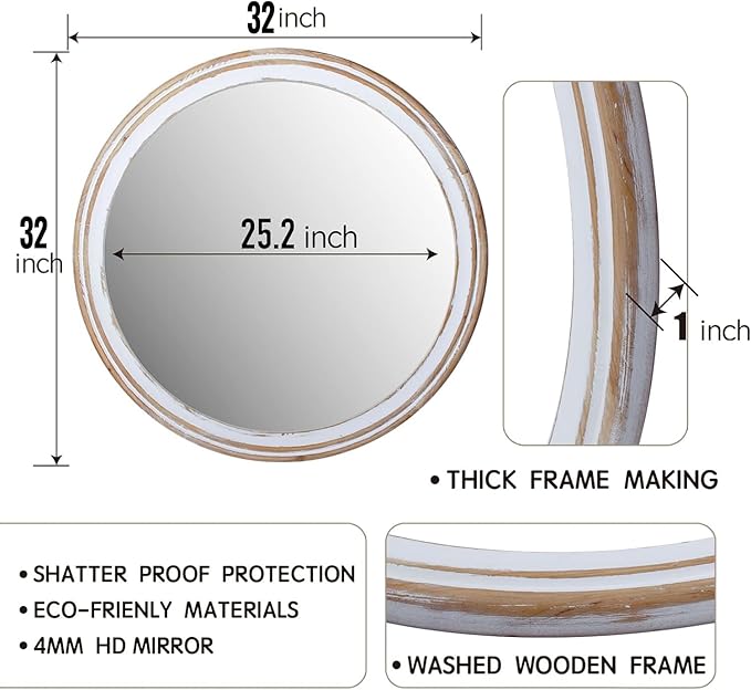 32 Inches Farmhouse Decorative Round Mirrors for Wall Decor, Rustic Distressed Wooden Circle Mirror for Bathroom Over Sink, Entryway, Living Room, Vanity
