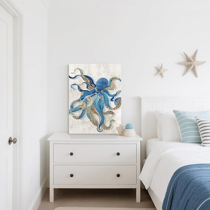 Octopus Canvas Wall Art Ocean Life Theme Painting Blue and Gold Sea Animal Picture Coastal Artwork Framed Octopus Picture For Bathroom Bedroom Livingroom Wall Decoration 24x36Inch