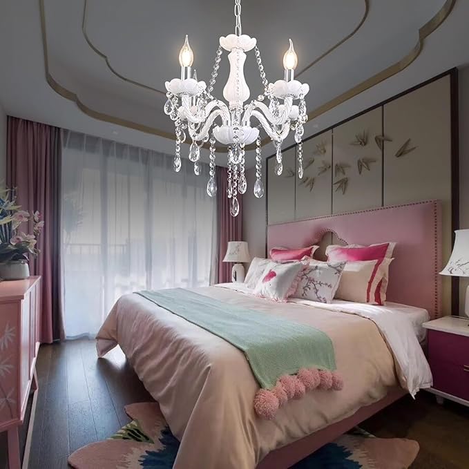 MALOSA 4 Light White Crystal Chandelier,Small Chandelier,Morden Mini Chandelier for Bedroom,Dining Room,Wedding Decoration,Girls Room.