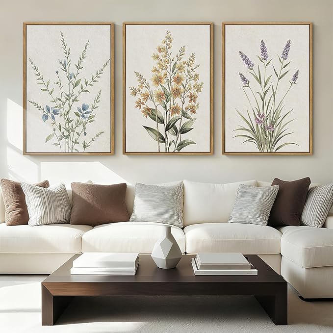 Anyzal Extral Large Neutral Floral Wall Art Beige Botanical Wall Decor Wildflower Painting 24x36 Inch Set of 3 for Living Room Bedroom Dining Room