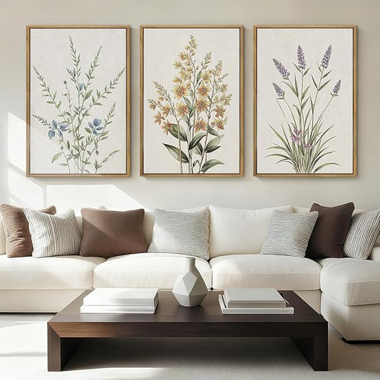 Anyzal Framed Minimalist Botanical Wall Art Large Neutral Floral Art Prints Modern Beige Wildflower Wall Decor for Living Room Bedroom Dining Room Office 16x24x3