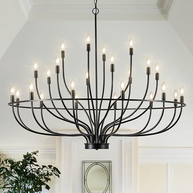 24 Light Black Chandelier 51'' Large Candle Chandeliers for High Ceiling Foyer Modern Farmhouse Chandelier Light Fixture for Large Living Room Dining Room Stairs Entry Restaurant Hotel