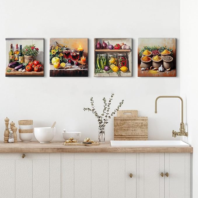 Kitchen Wall Art Colorful Mason Jar Wall Decor Farmhouse Spices Food Wine Herbs Vegetable Pictures for Dining Room Rustic Vintage Still Life Painting Canvas Prints Restaurant Home Decoration 12x12" 4P