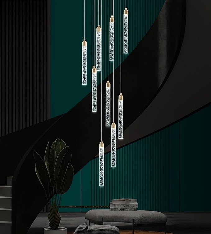 9-Light Gold High Ceiling Crystal Staircase Chandelier, Modern Spiral Raindrop Dimmable LED Bubble Cluster Ceiling Hanging Lighting Fixture for Foyer Living Room Entrance Remote Control