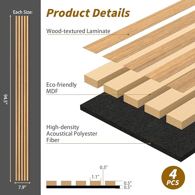 4-Piece Acoustic Wood Wall Panels for Wall and Ceiling, 3D Fluted Soundproof Wood Slat Wall Panels for Interior Wall Decor, 94.5" x 7.9"-Warm Teak
