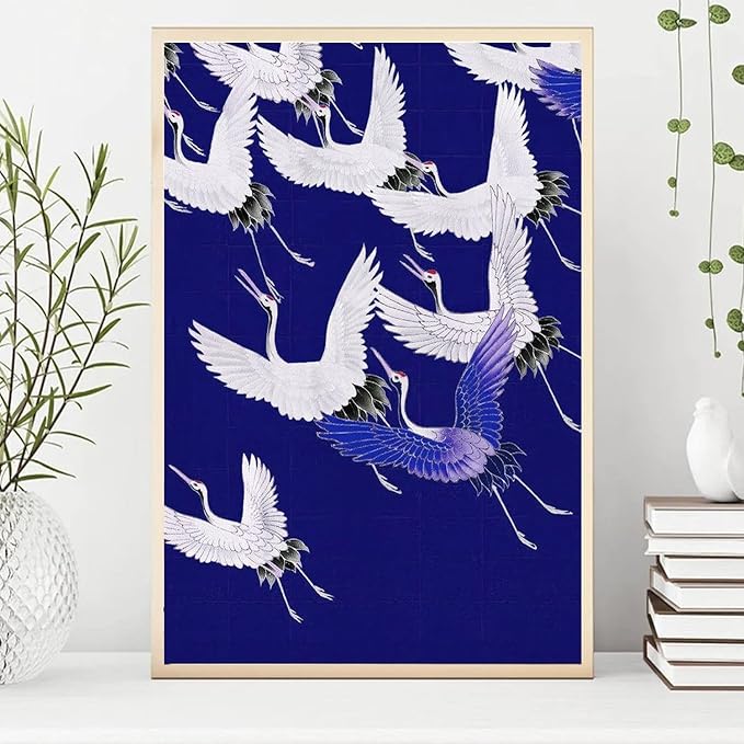 OZCONO Japanese Flying Cranes Wall Art Print, Navy Blue and White, UV-Resistant Giclée Print, Unframed (11L x 9W)