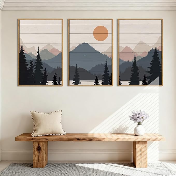 Anyzal Large Mountain Wall Art Decor Framed Boho Mountain Artwork Prints for Bedroom Living Room Office 16x24 Inch Set of 3