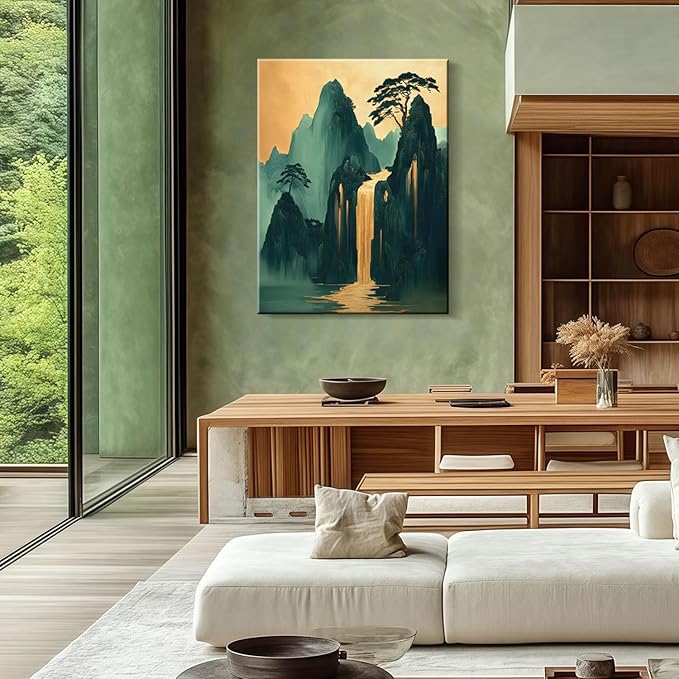 Framed Mountains Waterfall Oriental Landscape Green Gold Picture Wall Art Decor Canvas Print Modern Asian Zen Poster Gallery Bedroom Living Room Office 12x16 Inch Ready to Hang