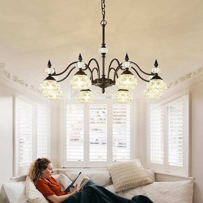 30-Inch Vintage Black Crystal Chandelier for Dining Room, 8-Light Antique Victorian Chandelier Modern Farmhouse Hanging Light Fixtures for Kitchen Island Living Room Bedroom