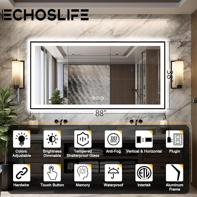 Large 88x38 LED Bathroom Mirrors - Black Aluminum Trim (Front and Backlit), Anti-Fog Vanity Mirror with Lights,Stepless Dimmable Lighted, 3 Colors Smart, Memory (Horizontal/Vertical)